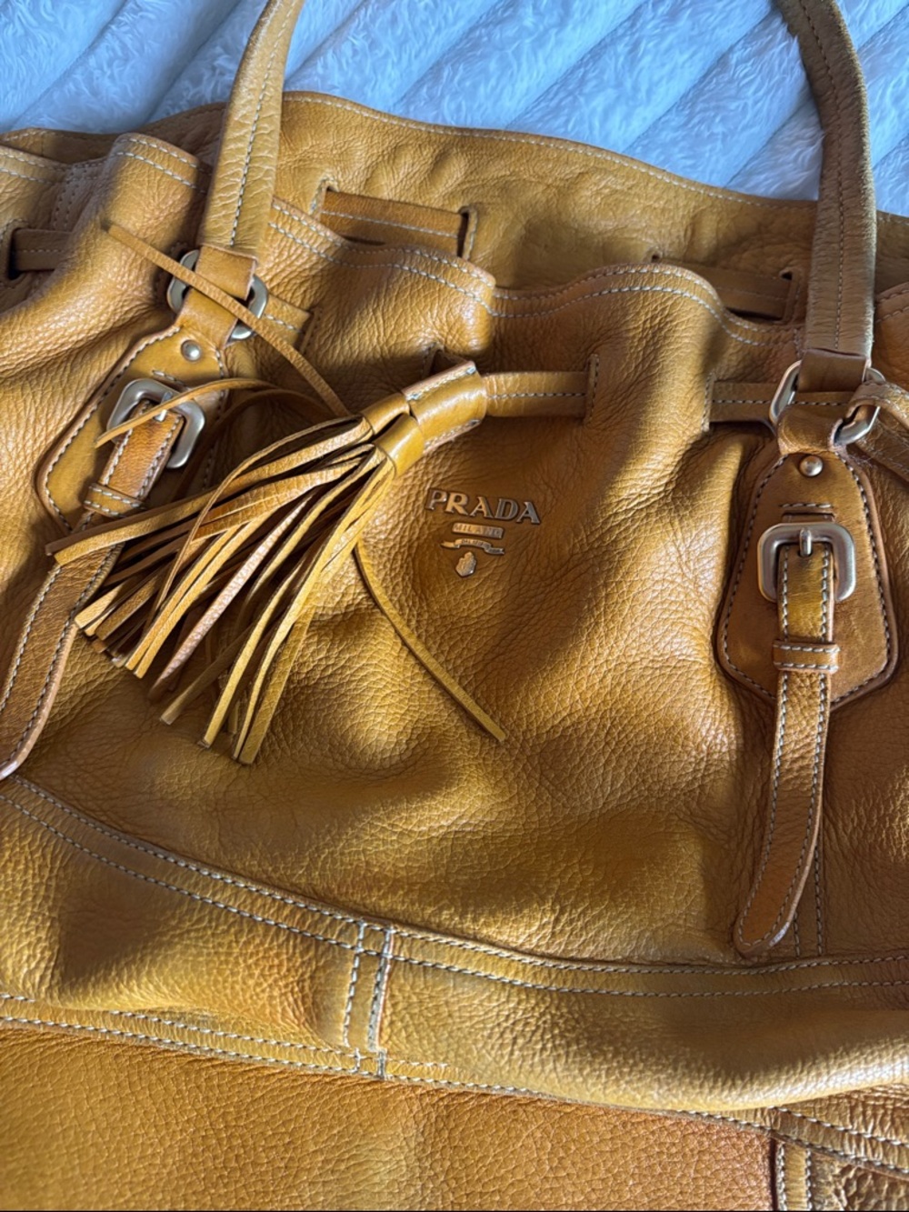 Prada Yellow-Tan Leather Drawstring Shoulder Bag - Picture 15 of 16